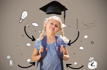 Digital composite image of smiling schoolgirl standing with backpack against various icons and arrow signs
