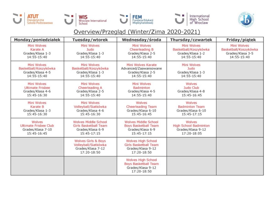 Wolves Athletic Programme schedule Winter 20202021 WIS Wrocław